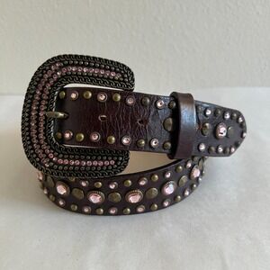 Vtg Saks 5th Ave Womens Western Leather Belt S Rhinestone Bling Boho Brown USA